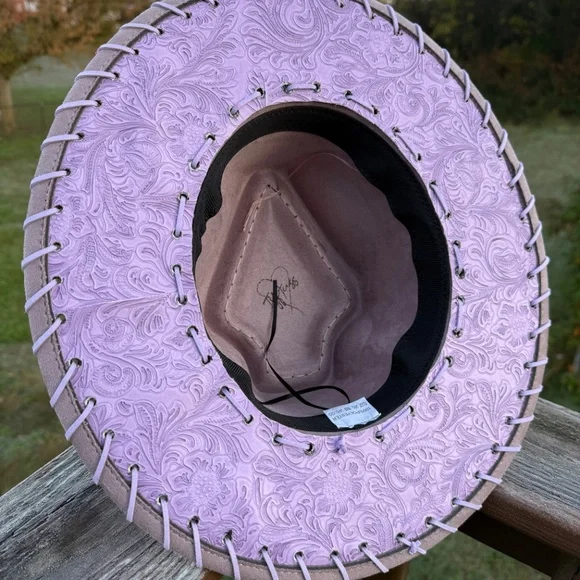 Lavender Burned Hat, Arrow Shaped Hat, Purple Tooled Leather Fedora Lavender Burned Hat, Arrow Shaped Hat, Purple Tooled Leather  main image 2